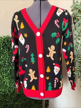 Tipsy Elves Black & Red Christmas Motif Button Cardigan